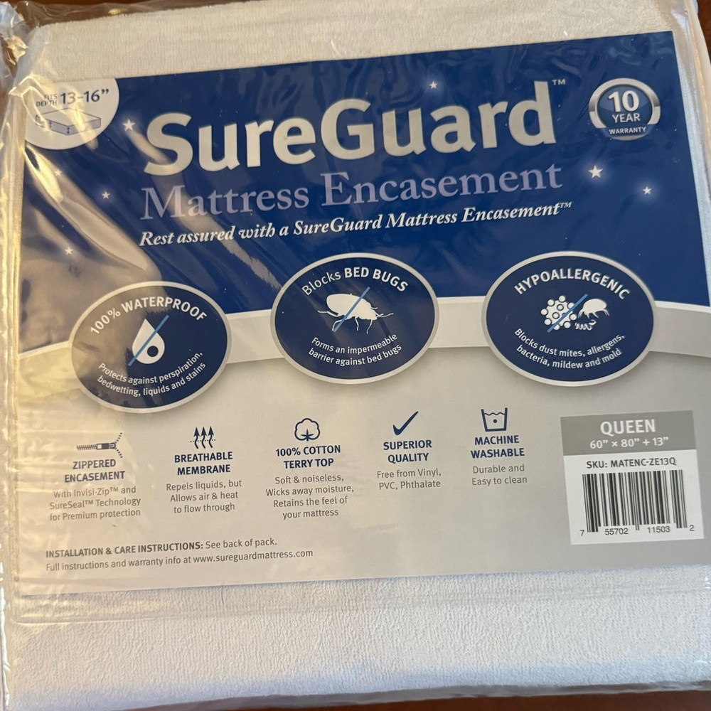 New Queen Mattress Encasement, Waterproof, 6 Sided